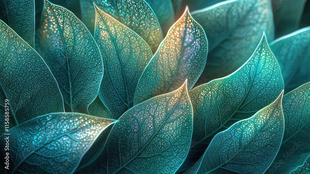 Poster Sage leaves abstract background concept. Vibrant close-up of lush green leaves with intricate textures and soft light.
