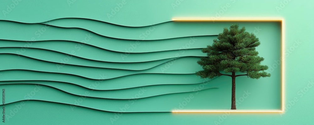 Poster Pine tree abstract background idea. A stylized illustration of a tree against a minimalist green background with flowing lines.