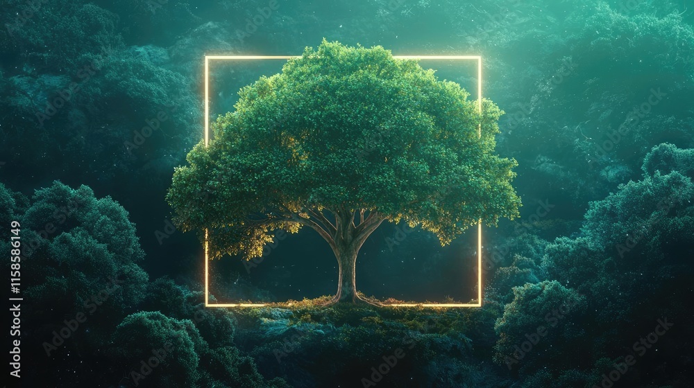 Poster plane tree abstract background idea. a glowing tree surrounded by a vibrant forest, symbolizing natu