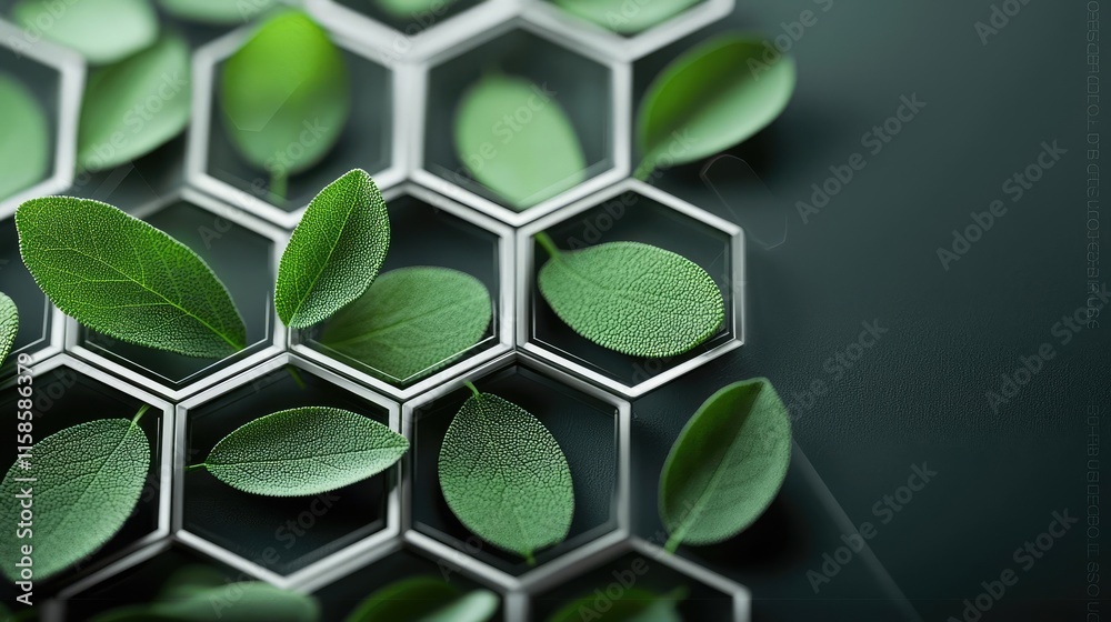 Poster Sage leaves abstract background concept. Green leaves arranged in hexagonal patterns on a dark background, symbolizing nature's beauty.