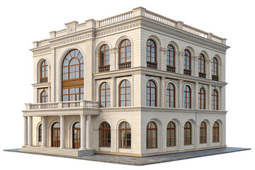 Fototapeta premium A grand white neoclassical building featuring tall arched windows, ornate cornices, and balconies with iron railings, emphasizing historical, isolated on a transparent background