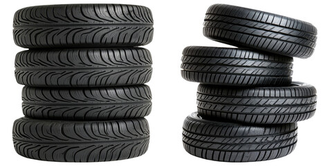 A stack of six black tires with distinct tread patterns, showcasing their design and rubber composition.