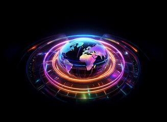 A vibrant, holographic Earth globe spins within concentric glowing rings, a futuristic digital display of global connectivity.  The dark background emphasizes the luminescent technology.