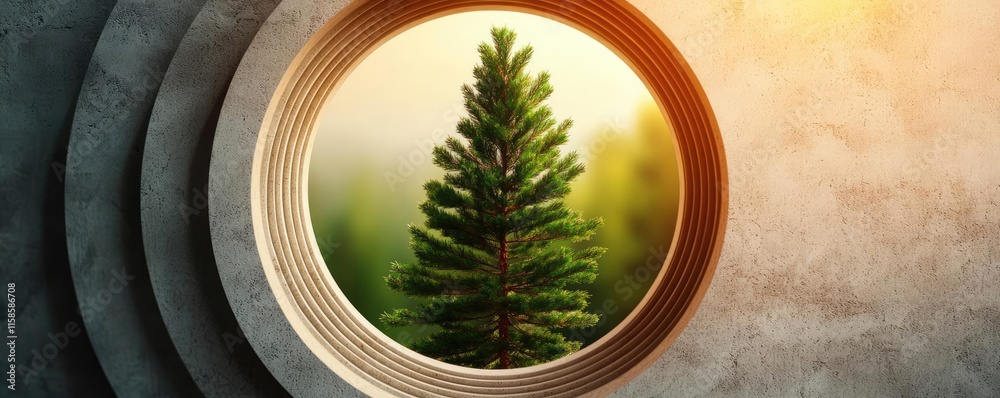 Poster pine tree abstract background idea. a vibrant green tree viewed through a circular frame, symbolizin