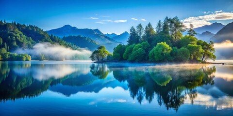 Naklejka premium Serene Mist-Shrouded Bay: Majestic Mountain Reflection at Dawn