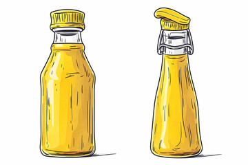 Hand-drawn illustration of two glass bottles containing yellow condiment with caps, ideal for food-related projects and designs