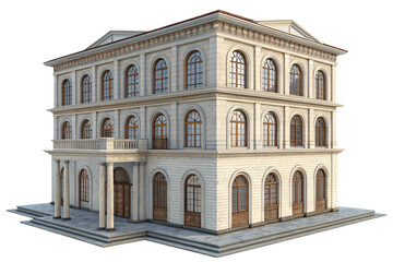 Fototapeta premium A neoclassical-style building, slightly different in proportions, adorned with symmetrical windows, stone textures, and a regal entrance framed by columns, isolated on a transparent background