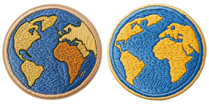Two embroidered patches featuring a stylized globe with continents represented in yellow and brown on a blue background.