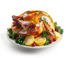 Photorealistic image of roast golden turkey on white plate garnished with lemon slices and fresh parsley isolated on white background. Delicious roast turkey with a golden crispy crust