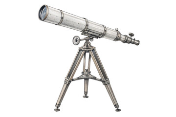 A sleek silver telescope with fine detailing and adjustable knobs, mounted on a refined tripod for advanced astronomical observations, isolated on a transparent background