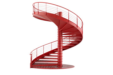 A striking red spiral staircase with sleek metal railings, modern design, and a robust steel base creating a bold architectural statement, isolated on a transparent background