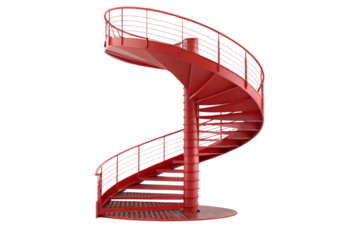 A striking red spiral staircase with sleek metal railings, modern design, and a robust steel base creating a bold architectural statement, isolated on a transparent background