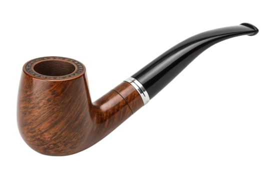 A sleek tobacco pipe crafted from polished wood and finished with a shiny black stem, evoking classic elegance and tradition, isolated on a transparent background