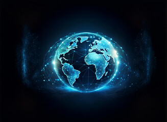 Fototapeta premium A glowing, digital representation of Earth, encased in a network of interconnected lines, radiates a cool blue light against a dark background. The image evokes concepts of global connectivity and di