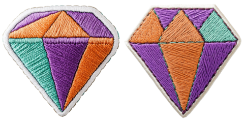 Colorful embroidered patches shaped like diamonds, featuring geometric designs in purple, orange, and green.