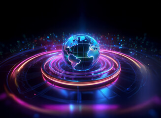 A futuristic digital globe hovers on a glowing, circular platform, surrounded by vibrant neon light trails and sparkling particles.  The scene evokes a sense of technological advancement and global co