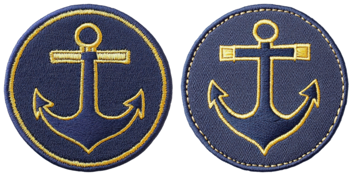 Two circular patches featuring a stylized anchor design in yellow on a dark background.