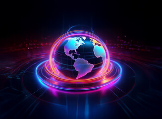 A vibrant, glowing Earth encircled by neon rings, set against a dark, futuristic backdrop.  The image suggests global connection and technological advancement.