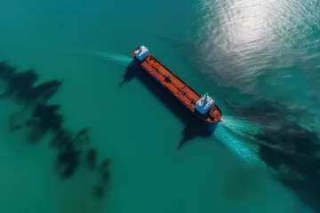 Tanker in accident pollutes nature with oil spill, ecological disaster, leaking ship holes, aerial view from drone.