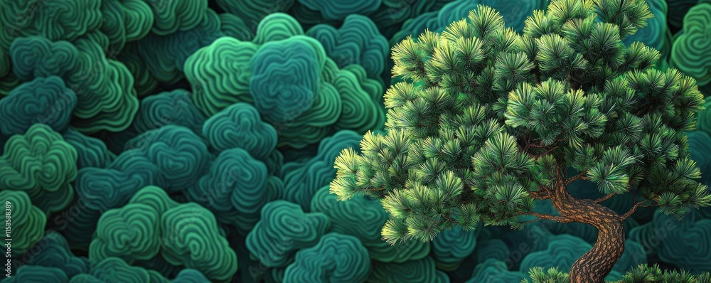 Poster Pine tree abstract background idea. A serene tree stands out against a lush, textured green forest backdrop.