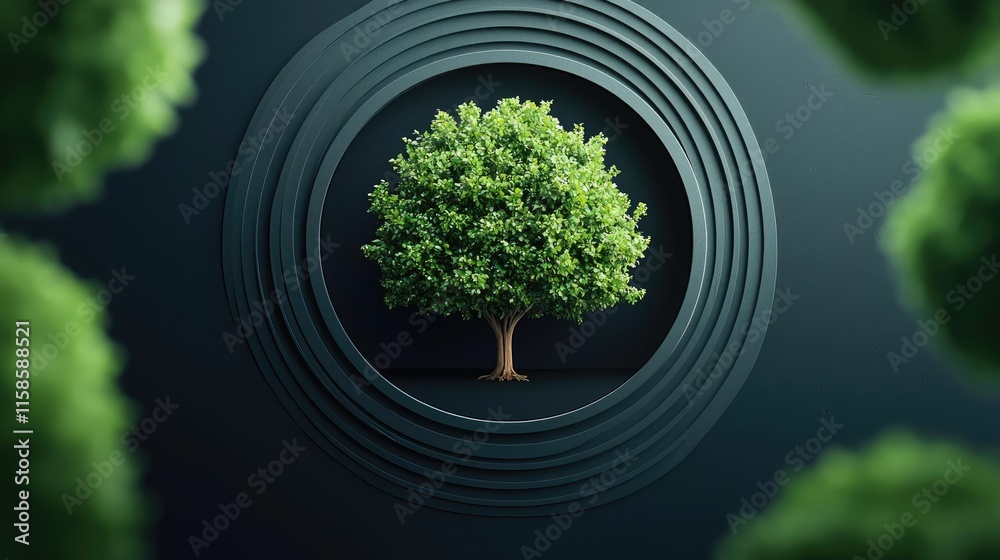 Aufkleber Plane tree abstract background idea. A vibrant green tree stands in a circular pattern, symbolizing nature's beauty.