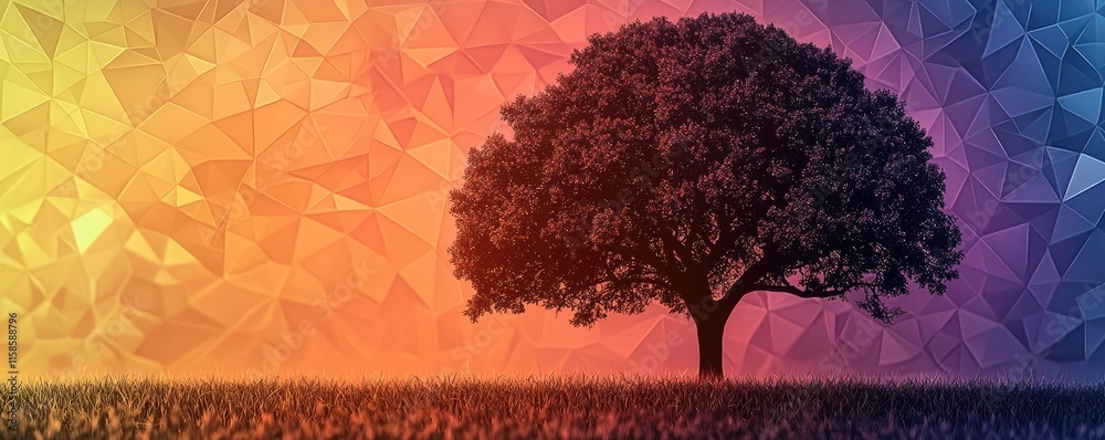 Poster Plane tree abstract background idea. Beautiful tree silhouette against a colorful abstract background at sunset.