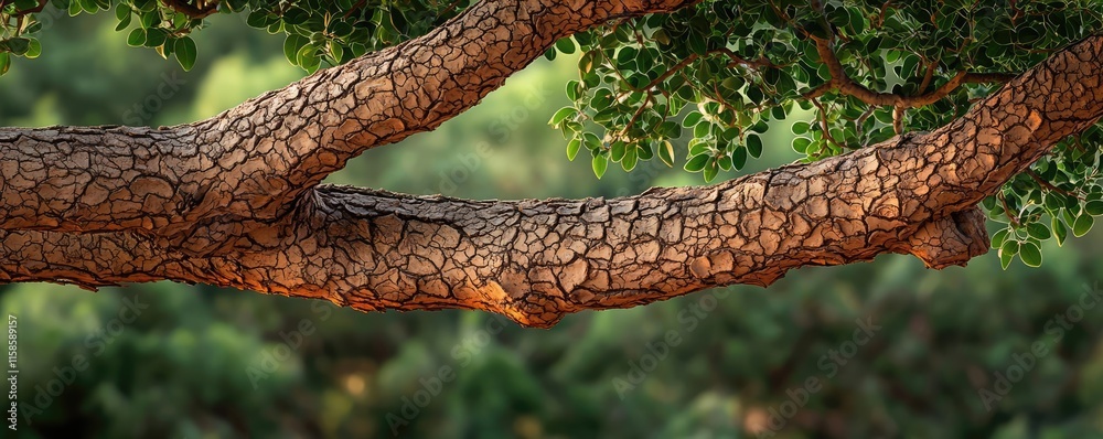 Poster Plane tree abstract background idea. Close-up of a textured tree branch surrounded by vibrant greenery.