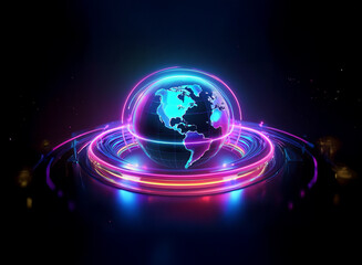 A futuristic digital globe encased in vibrant neon rings, glowing with blue and pink energy.  It represents global connectivity and technological advancement.