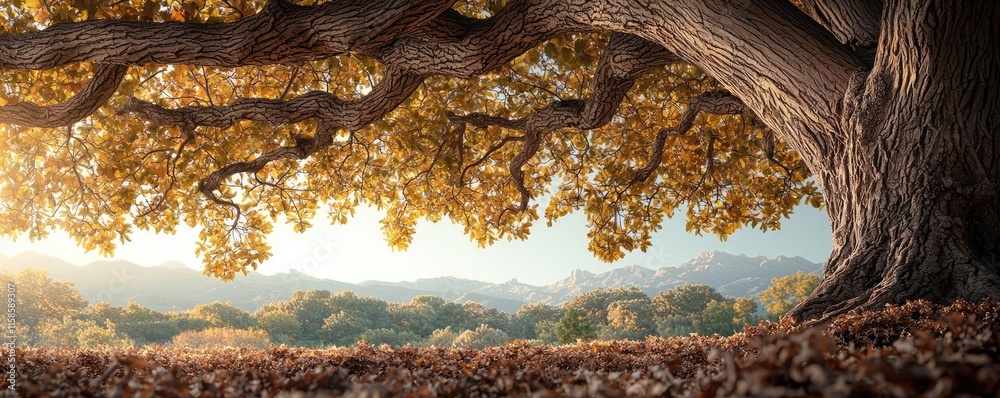 Poster plane tree abstract background idea. majestic oak tree with golden leaves overlooking a serene lands