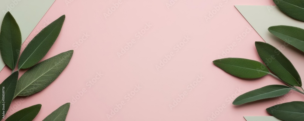 Poster sage leaves abstract background concept. elegant green leaves arranged on a soft pink background for