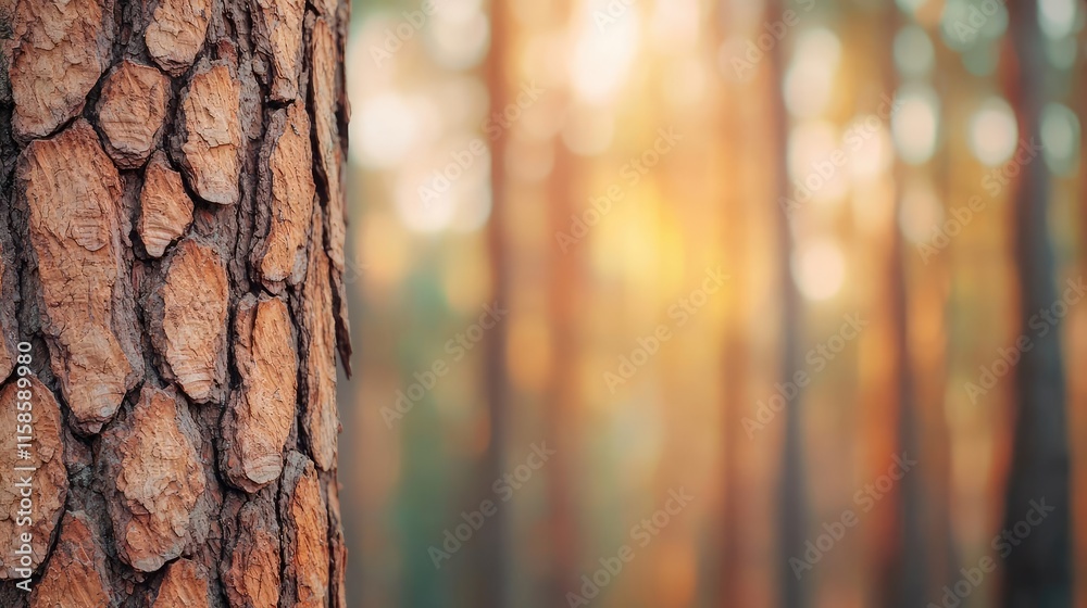 Poster Pine tree abstract background idea. Close-up of tree bark with soft focus background of a forest at sunset.