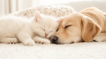 Fototapeta na wymiar Dreamy portrait of a dog and a kitten asleep together