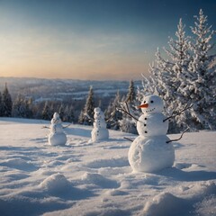 Fototapeta premium Merry Christmas and happy New Year greeting card with copy-space.Many snowmen standing in winter Christmas landscape.