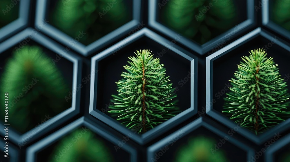 Poster Pine tree abstract background idea. Close-up of hexagonal patterns featuring lush green pine trees in a modern design.