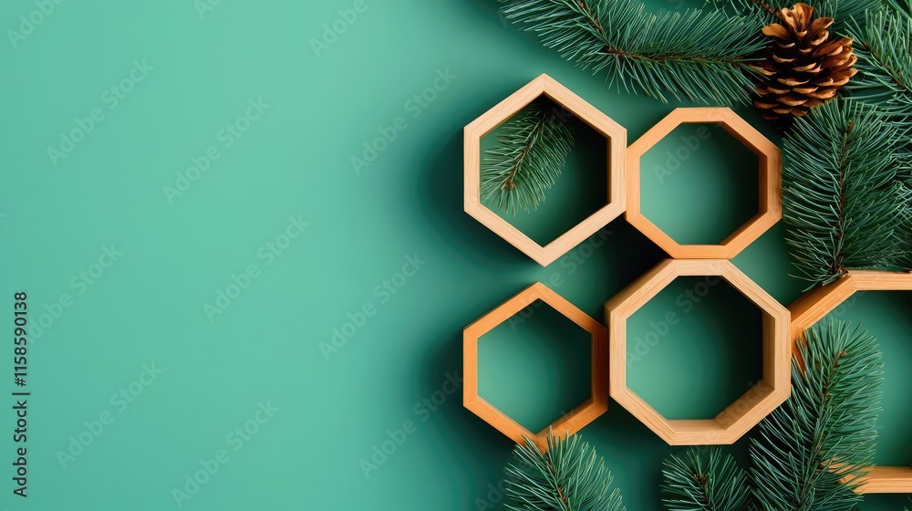 Poster pine tree abstract background idea. stylish wooden hexagons arranged with pine branches and a pineco