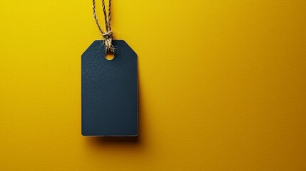 Against a bright yellow backdrop, a blank black price tag hangs, symbolizing the excitement and allure of Black Friday shopping.