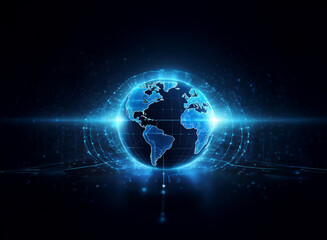 A digital rendering of Earth, encased in a glowing blue energy field, representing global connectivity and technological advancement. The image evokes a sense of futuristic innovation.