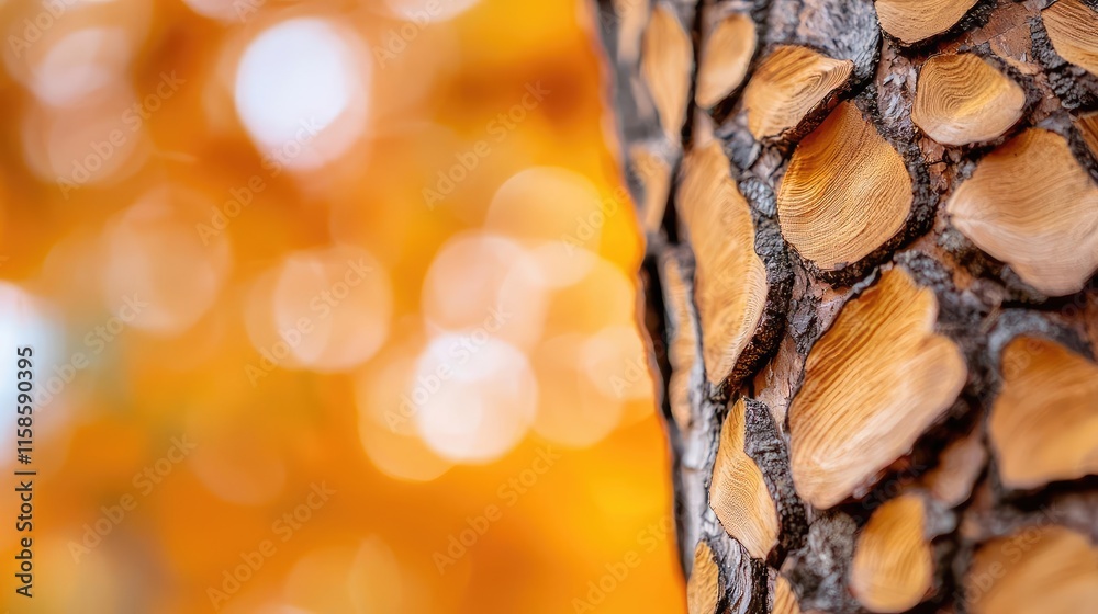 Poster Plane tree abstract background idea. Close-up of textured tree bark with a vibrant orange background, showcasing nature's beauty.