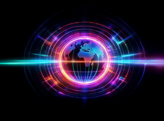 A vibrant, glowing globe is encircled by neon rings and streaks of light, suggesting global connectivity and technological advancement.  The dark background emphasizes the luminescence.