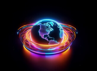 A vibrant, glowing Earth encircled by neon rings, showcasing continents and a futuristic, digital aesthetic.  The dark background enhances the luminescence.