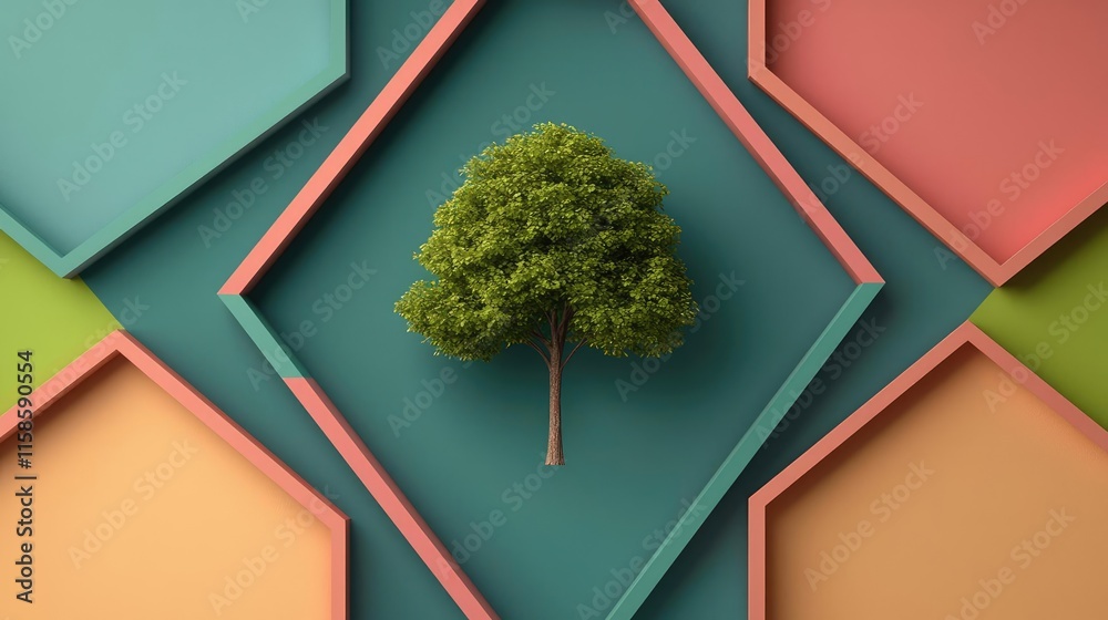 Poster Plane tree abstract background idea. A vibrant green tree centerpiece surrounded by colorful geometric frames.