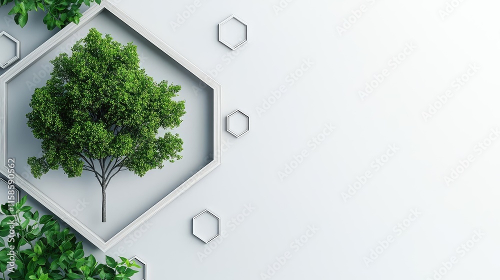 Aufkleber Plane tree abstract background idea. A minimalist design showcasing a green tree in a hexagonal frame against a neutral background.
