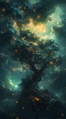 Naklejka premium Enchanting luminous tree in a dreamy night sky.