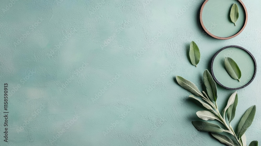 Poster sage leaves abstract background concept. elegant green leaves arranged artfully on a soothing textur
