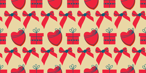Seamless pattern with red bow and gift boxes.