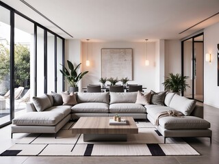 A stylish and contemporary living room with sleek, minimalist furniture and an open, airy layout.