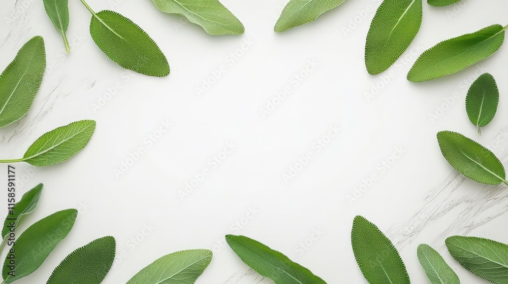 Poster Sage leaves abstract background concept. Fresh green leaves arranged in a circular frame on a light background.