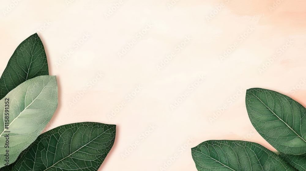 Poster sage leaves abstract background concept. beautiful leaves frame a soft peach background, perfect for
