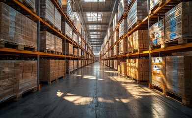 Fototapeta premium The interior of a storage warehouse features stacks of package boxes on pallets, highlighting the logistics and transport aspects of the warehouse industry, including delivery and shipment of goods.