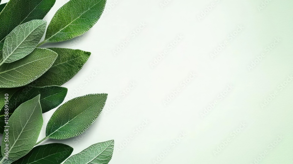 Poster sage leaves abstract background concept. fresh green leaves arranged artistically on a soft backgrou